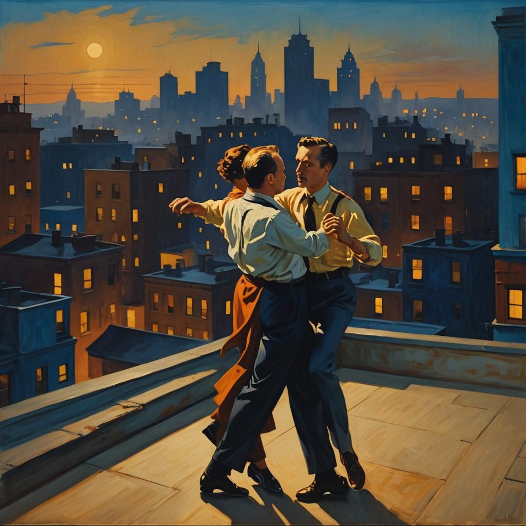 Men Dancing Tango on Rooftop in Hopper Style