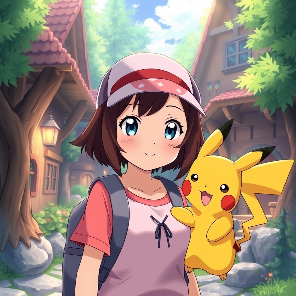 Young Anime Trainer with Pikachu in Pallet Town Sanctuary