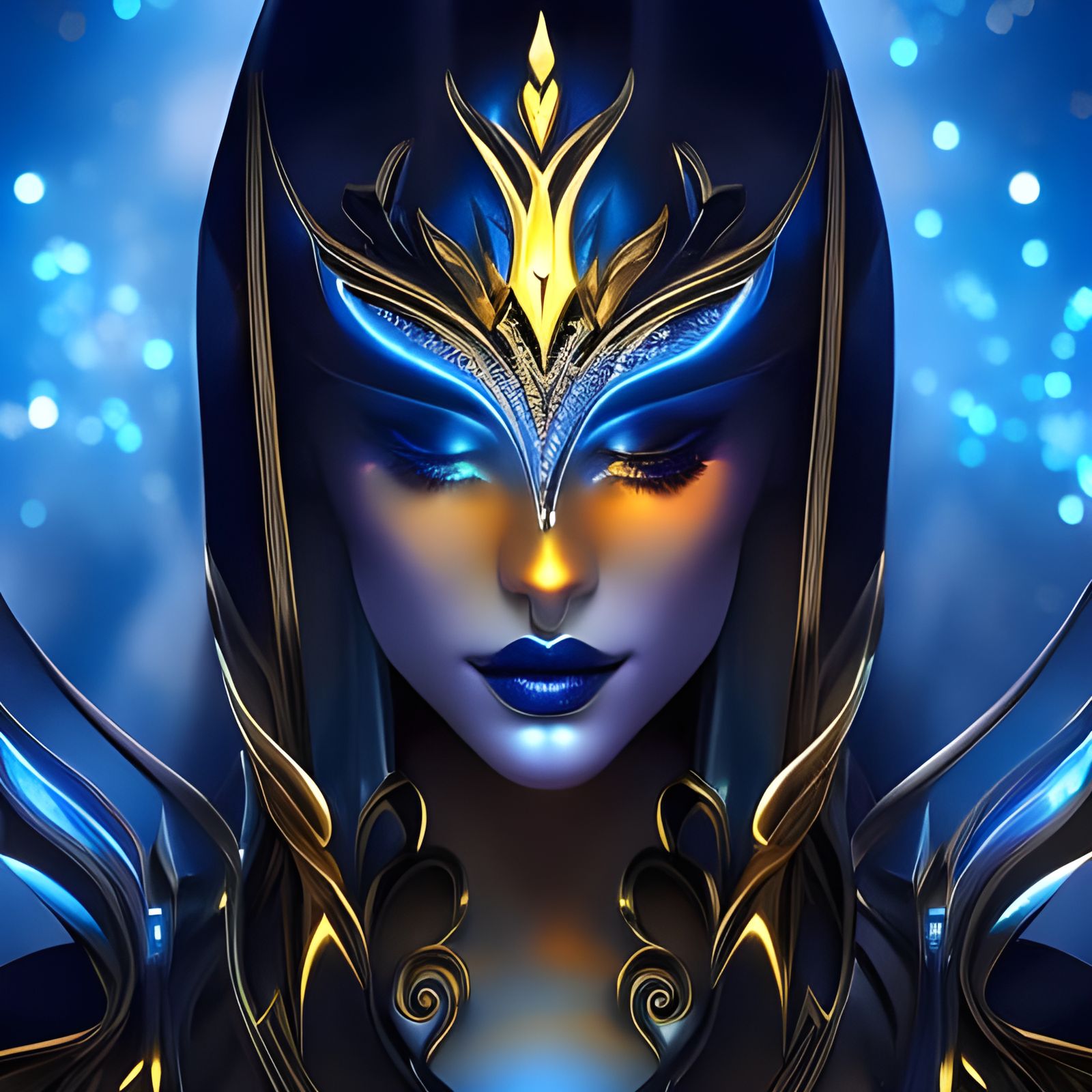 Ethereal Blue Goddess with Golden Fireflies in Vibrant Fanta...