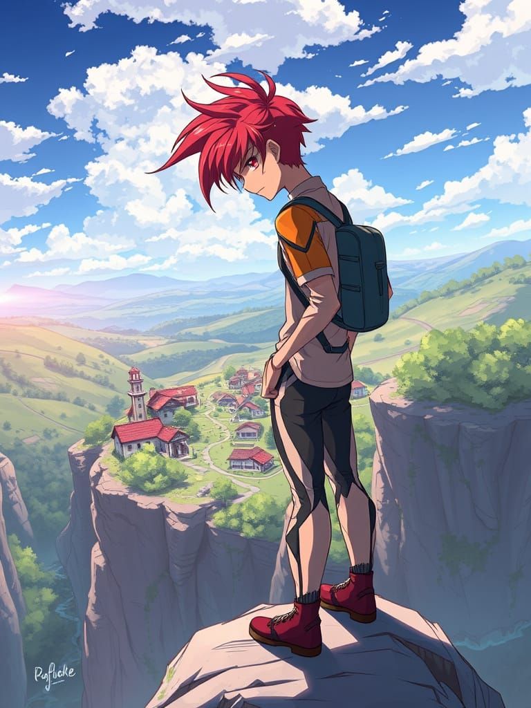 Anime-Inspired Warrior Overlooks Serene Village