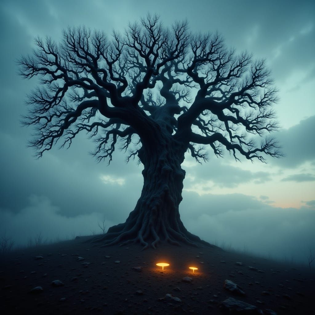 Ancient Tree in Eerie Mist: Dark Fantasy Art