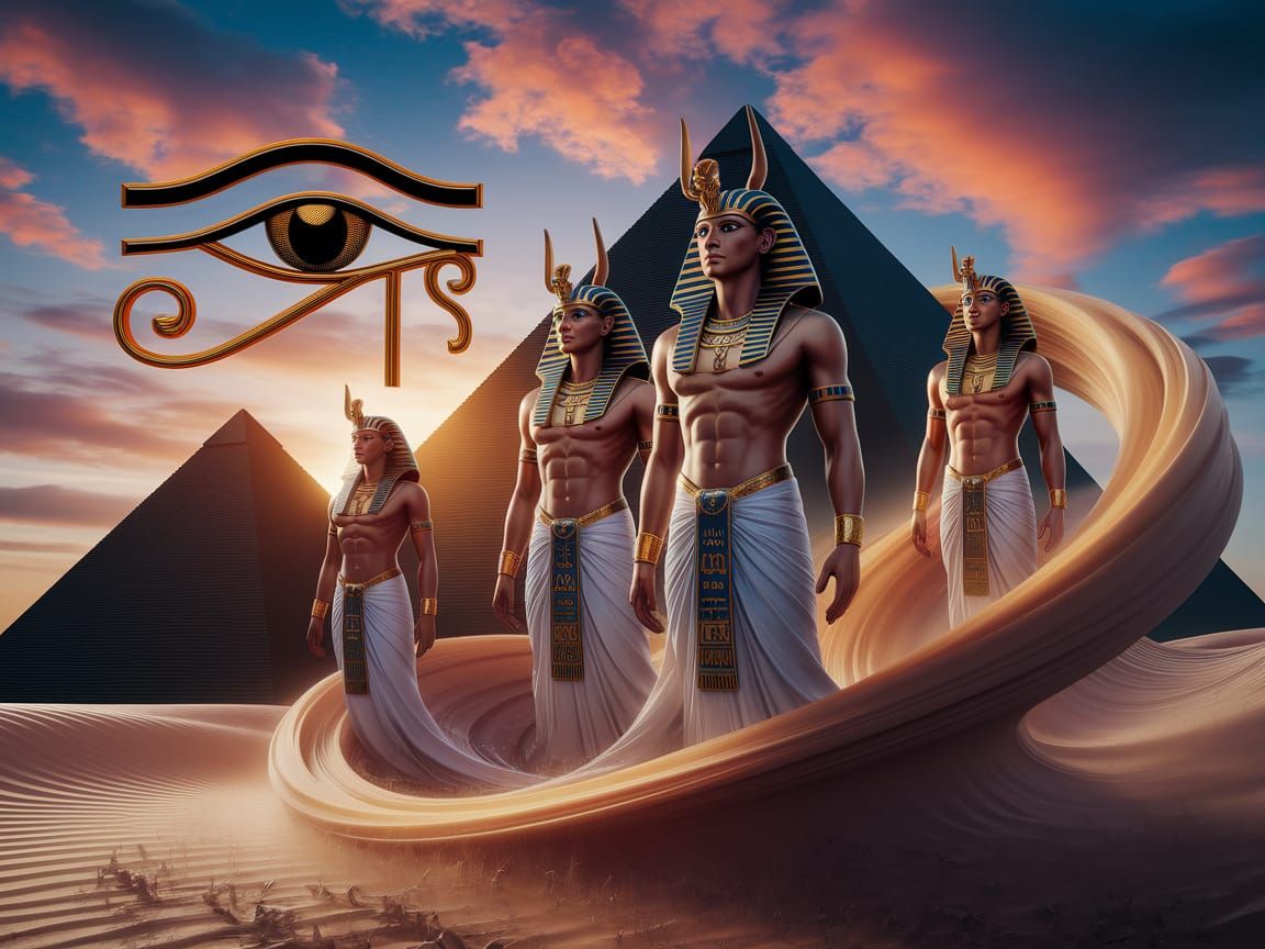 Egyptian Gods Horus, Ra, and Isis in 3D Render