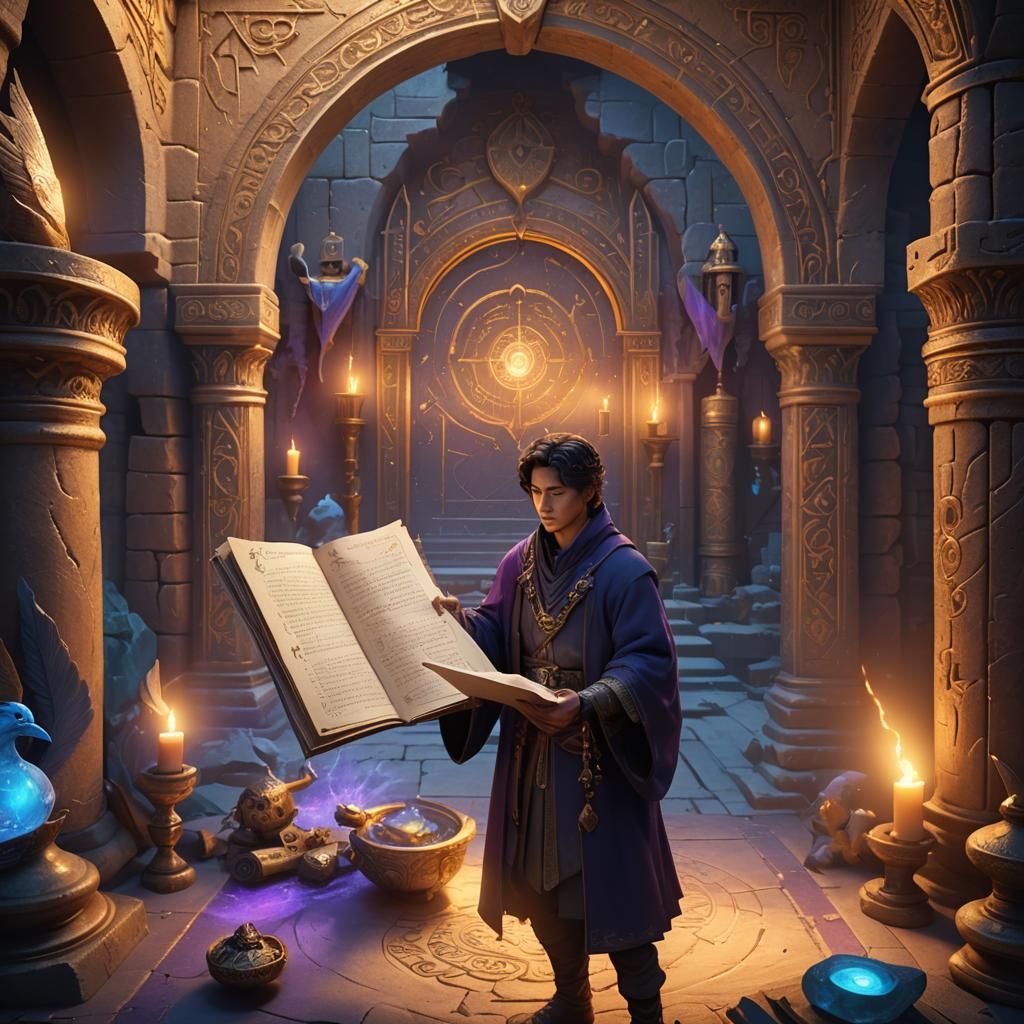 Young Mage Discovering Ancient Spell: Fantasy Matte Painting