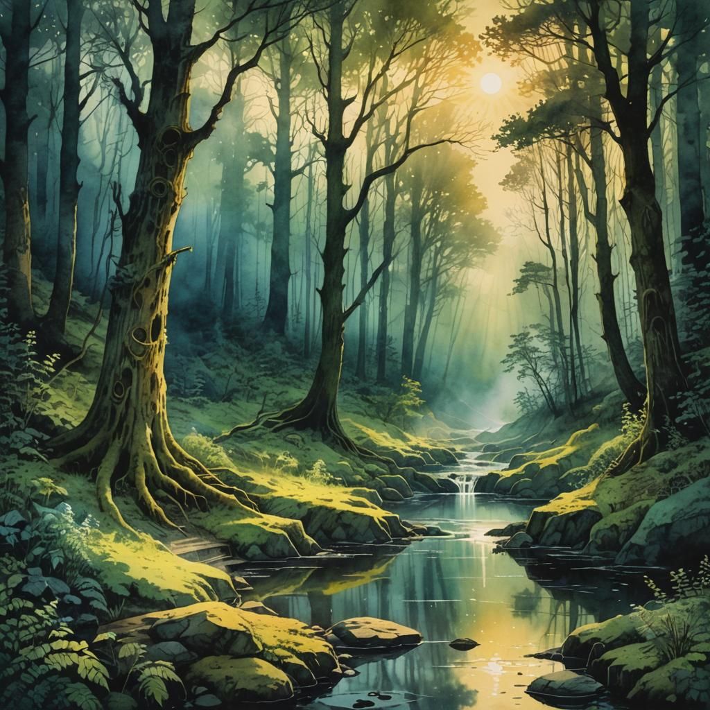 Mystical Forest Clearing at Dawn in Watercolour
