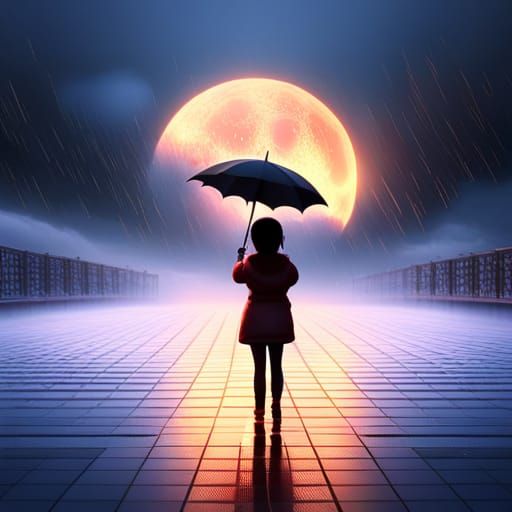 Girl with Umbrella in Rainy Starry Night
