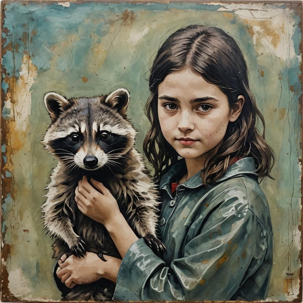 Encaustic Painting of Girl and Raccoon