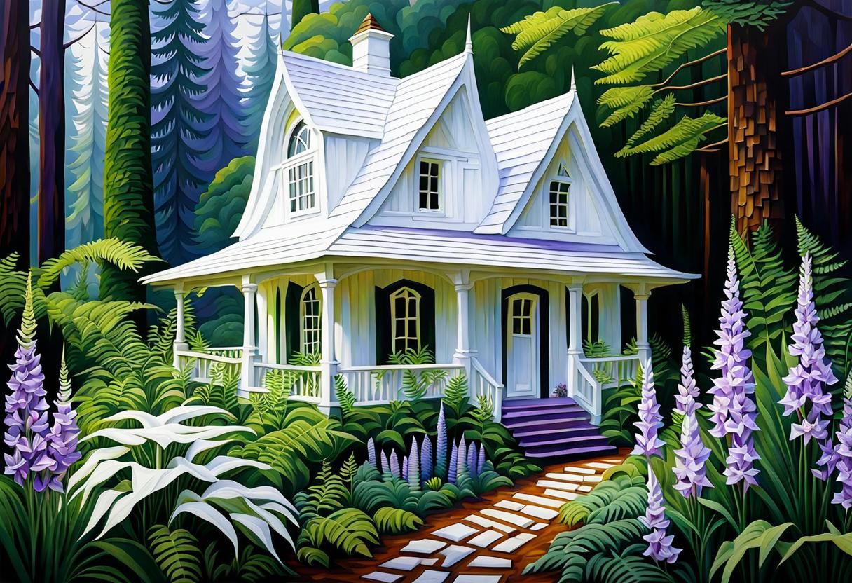 White cottage in the forest surrounded by gladiolas , lavender and ferns.