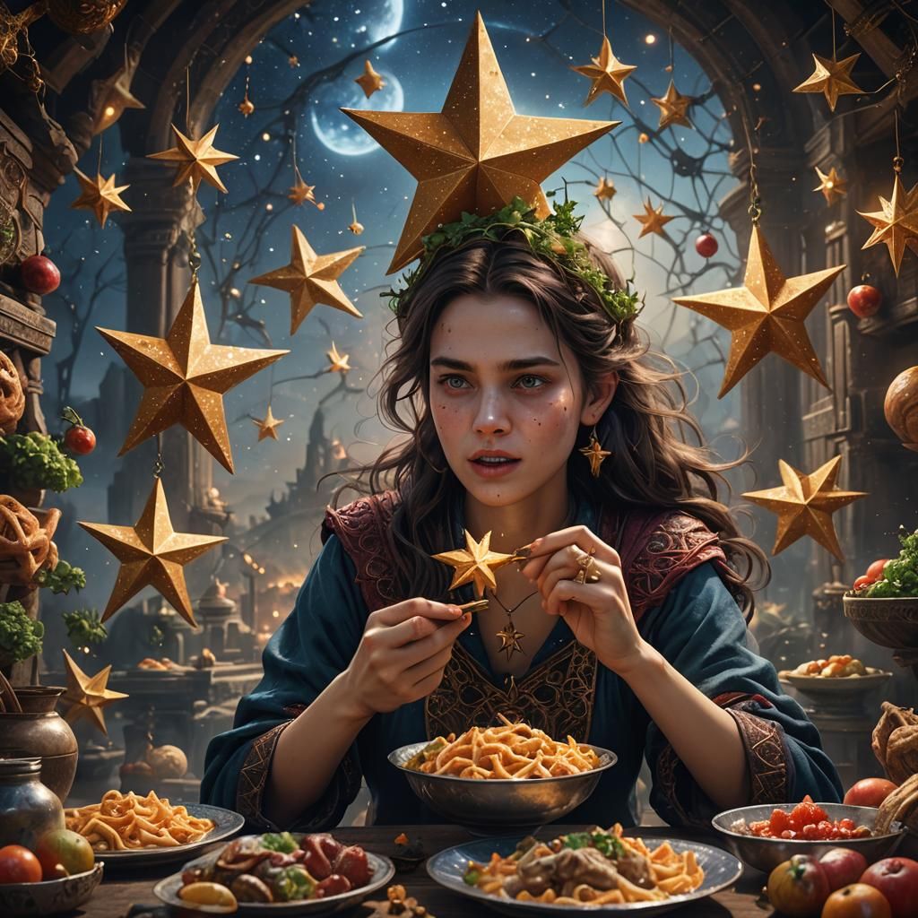 Woman Eating Star: Detailed Fantasy Concept Art