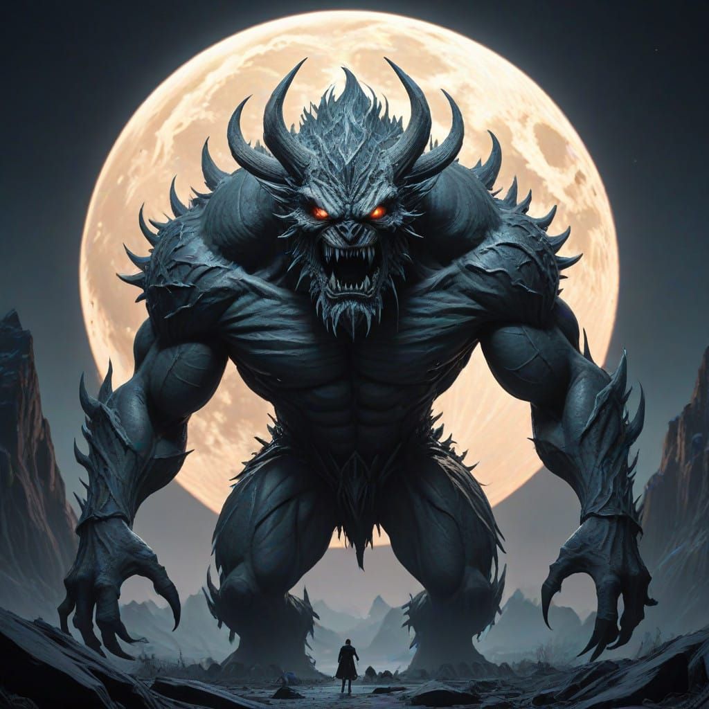 Monster Emerges Under Full Moon's Silvery Glow