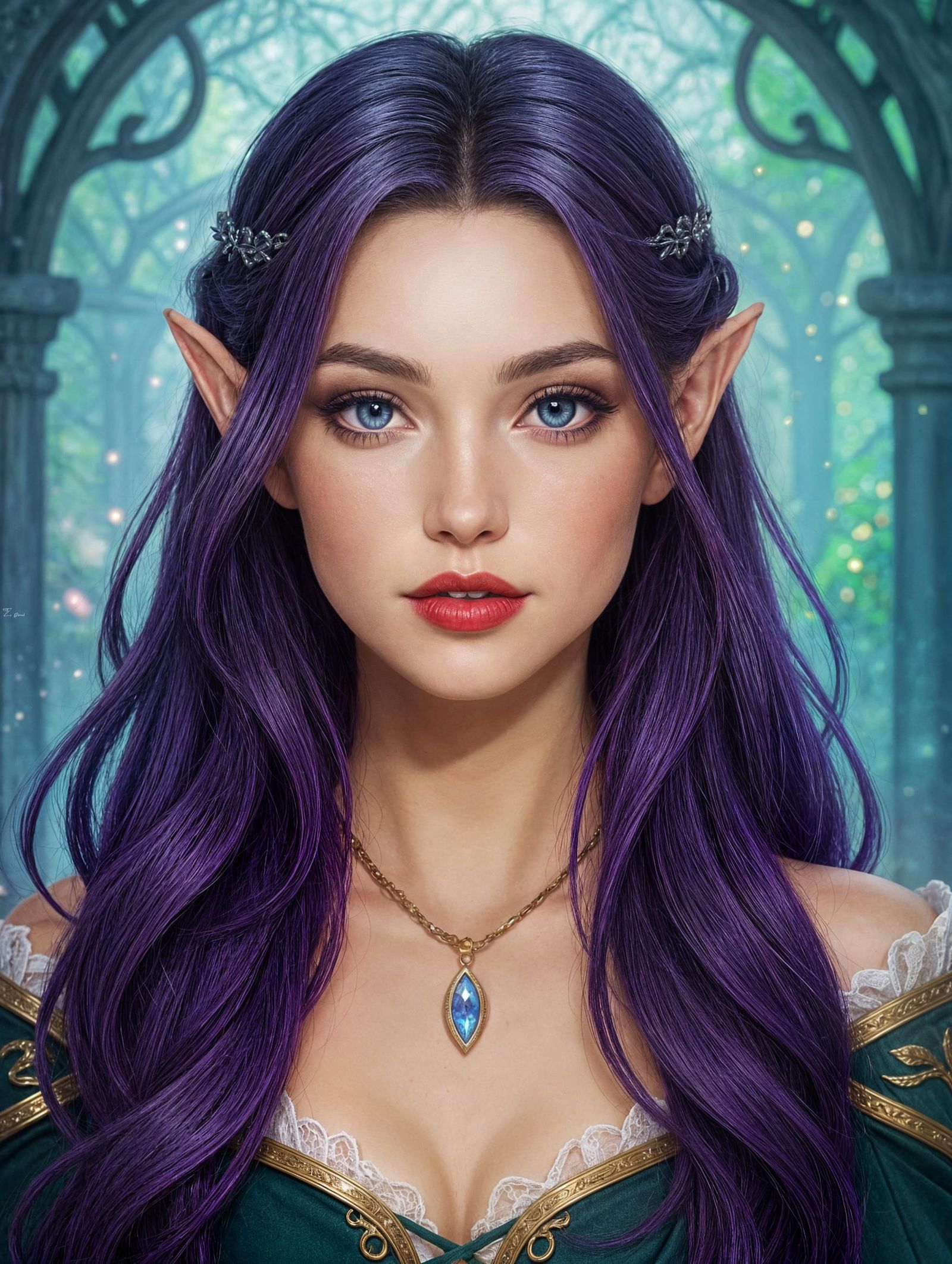 Stunning Elven Maiden with Long Purple Hair and Blue Eyes