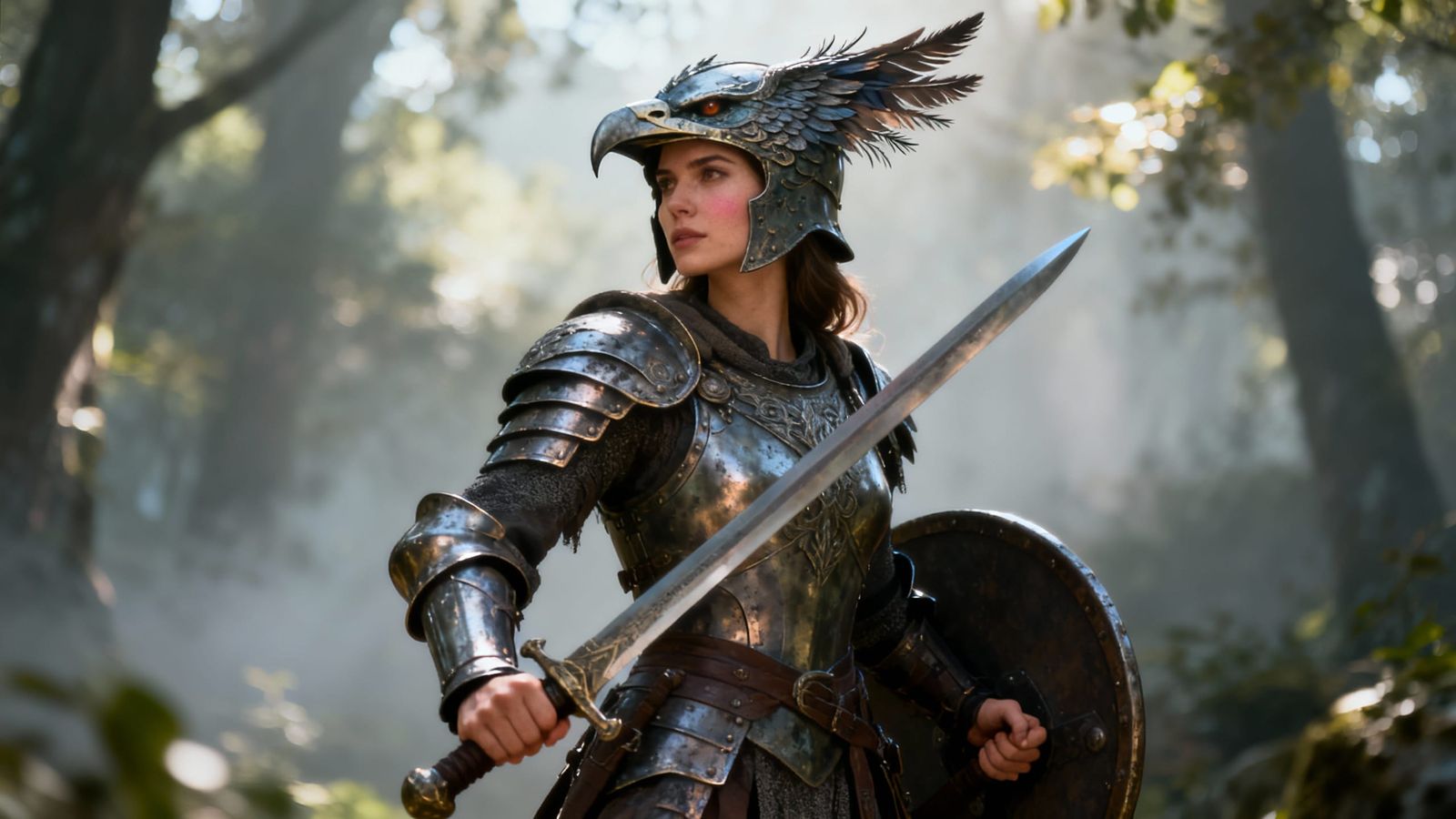 Beautiful Woman in Armor with Bird Helmet, Photorealistic