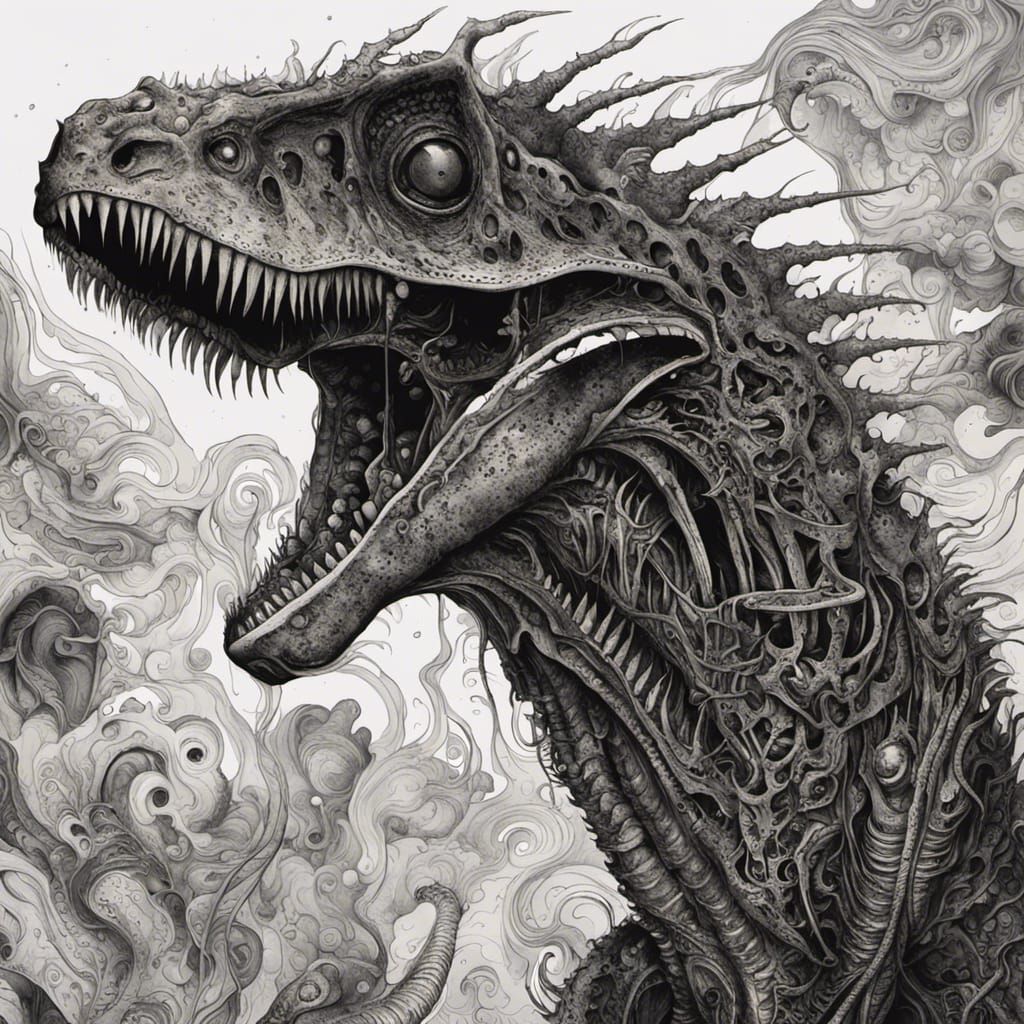 Feathery Dinosaur in HR Giger Style Ink Drawing