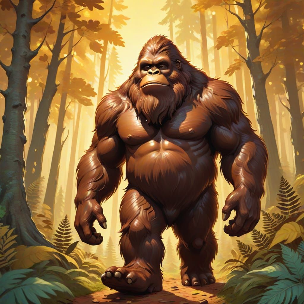 Chocolate Bigfoot Walks in Forest: Whimsical Fantasy Art