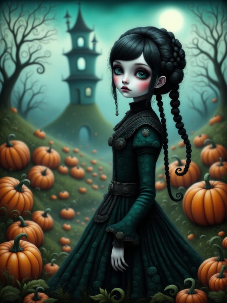 Eerie Girl with Braids in Foggy Pumpkin Patch