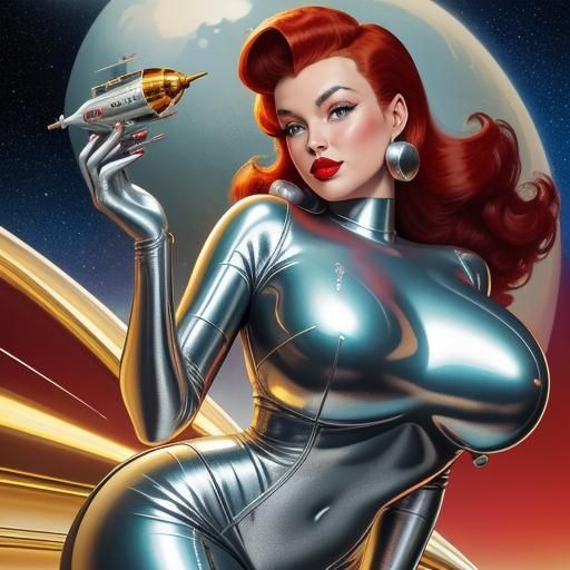 Retro-Futuristic Alien Pin-Up Girl on Rocket Ship