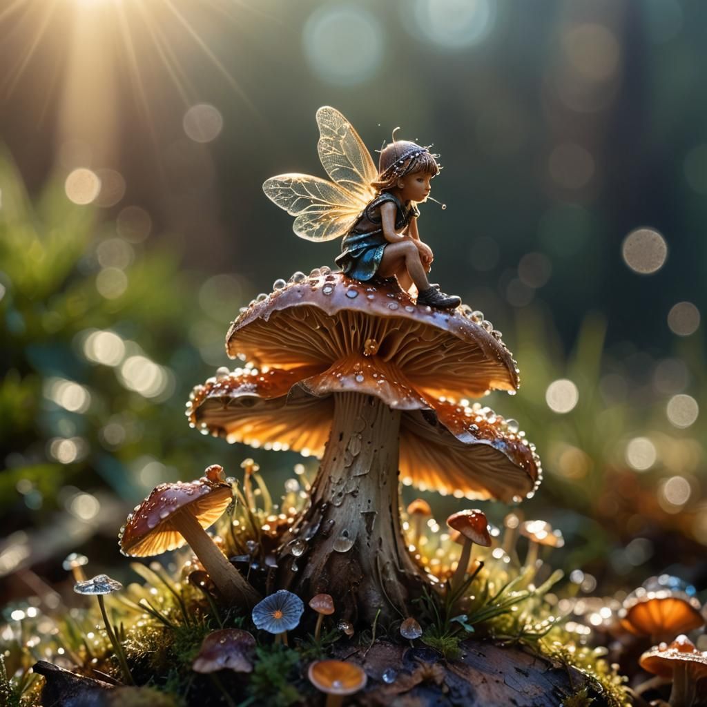 Tiny Fairy on Mushroom: Hyper-Realistic Macro Photography