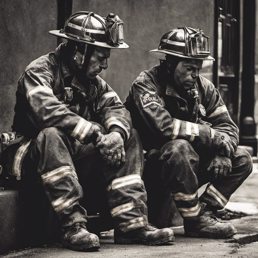 Exhausted Firefighters: Gritty Photo in Documentary Style