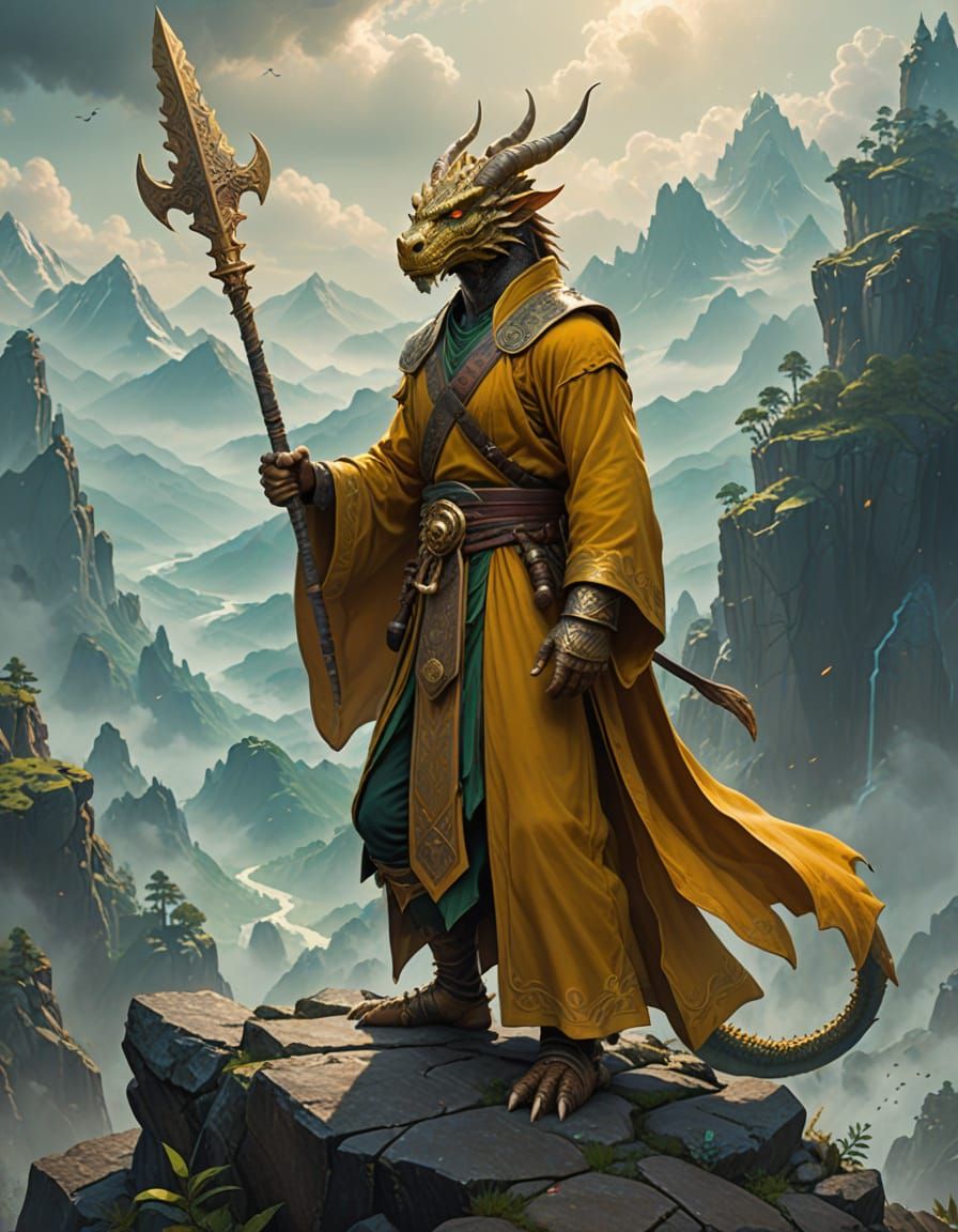 Golden Dragonborn Warrior on Misty Mountain Peak