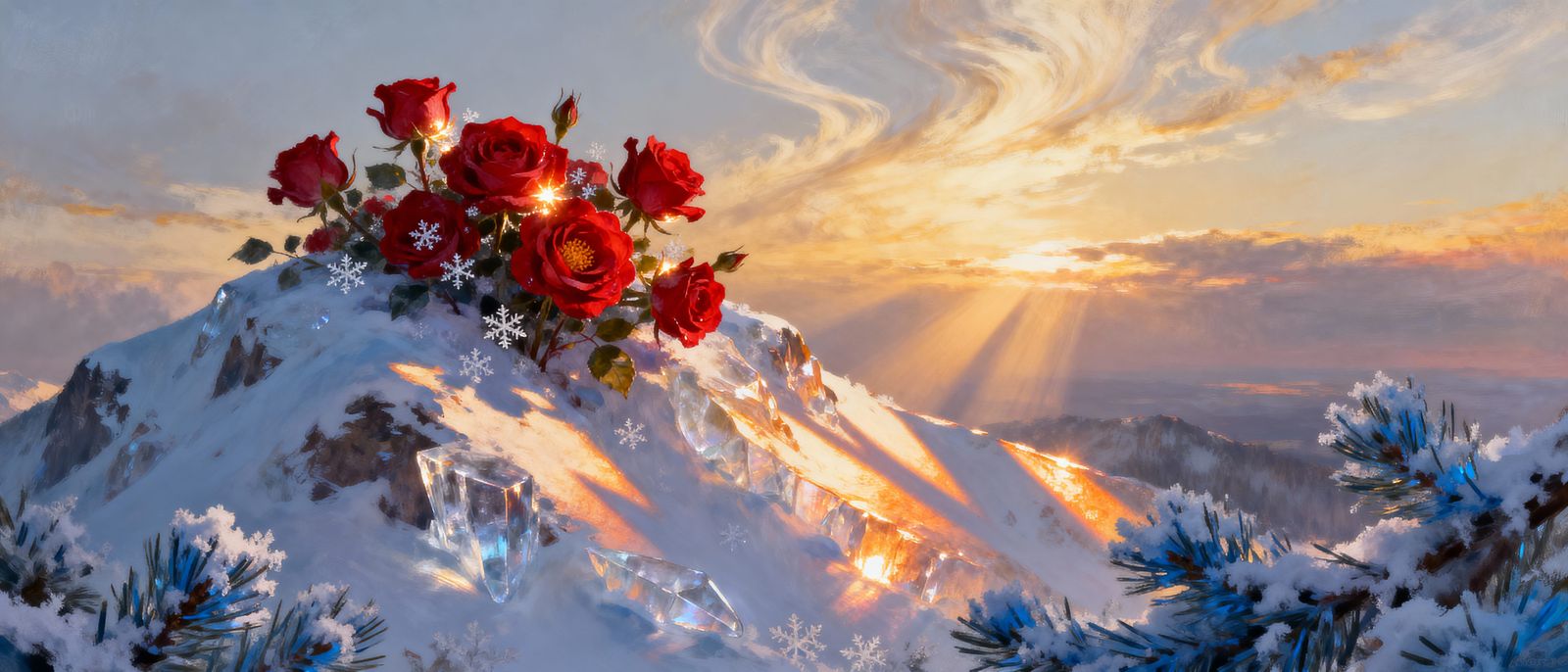 Vibrant Alpine Roses Bloom on Snowy Peak