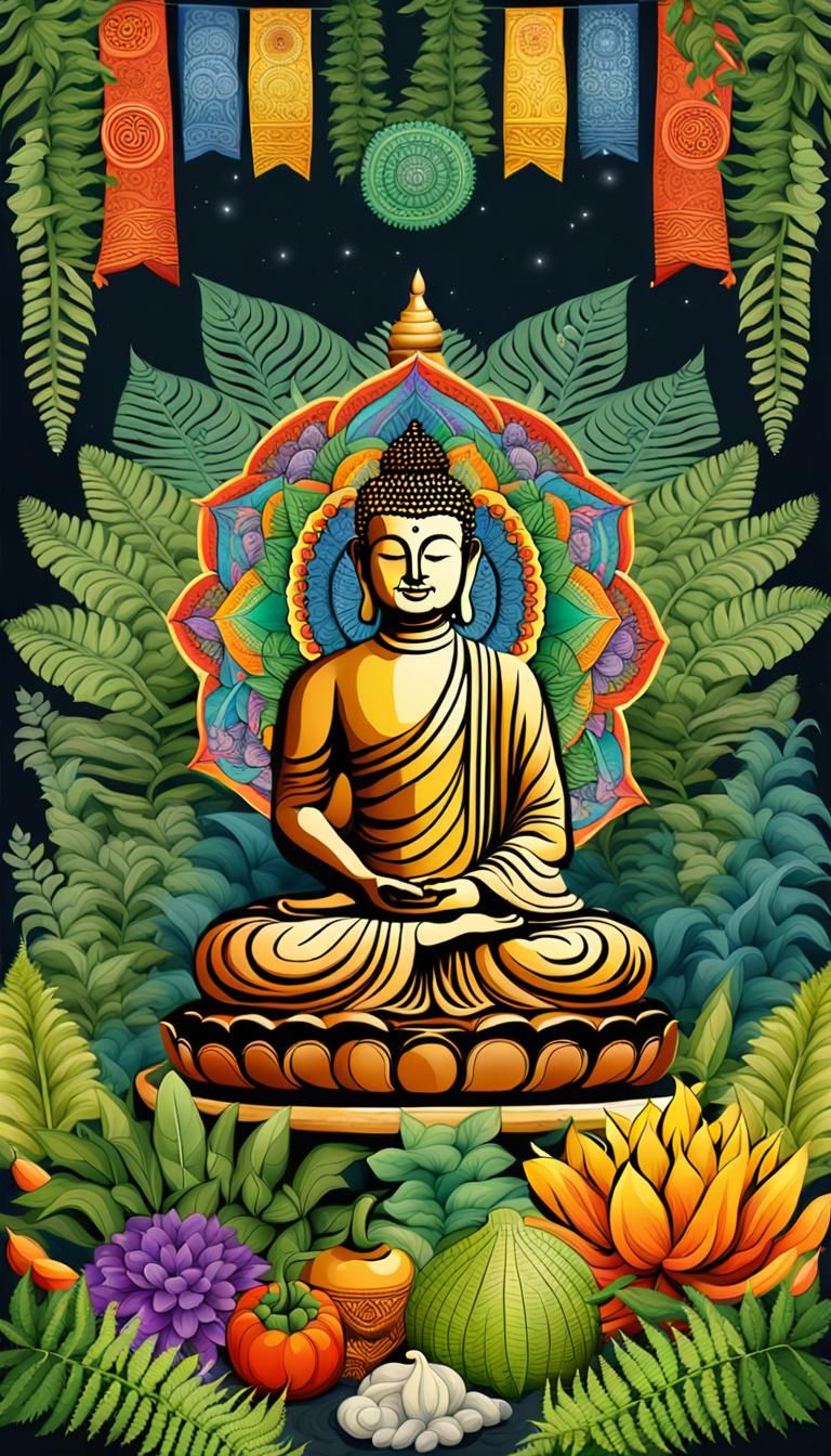 Intricate Buddha Statue in Tropical Garden Illustration