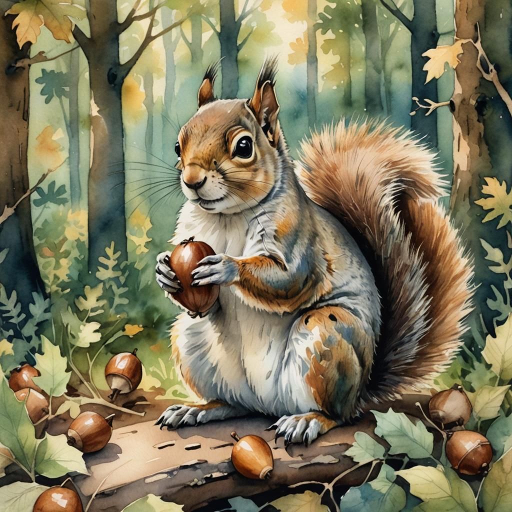 Squirrel with Acorn in Whimsical Watercolor Style