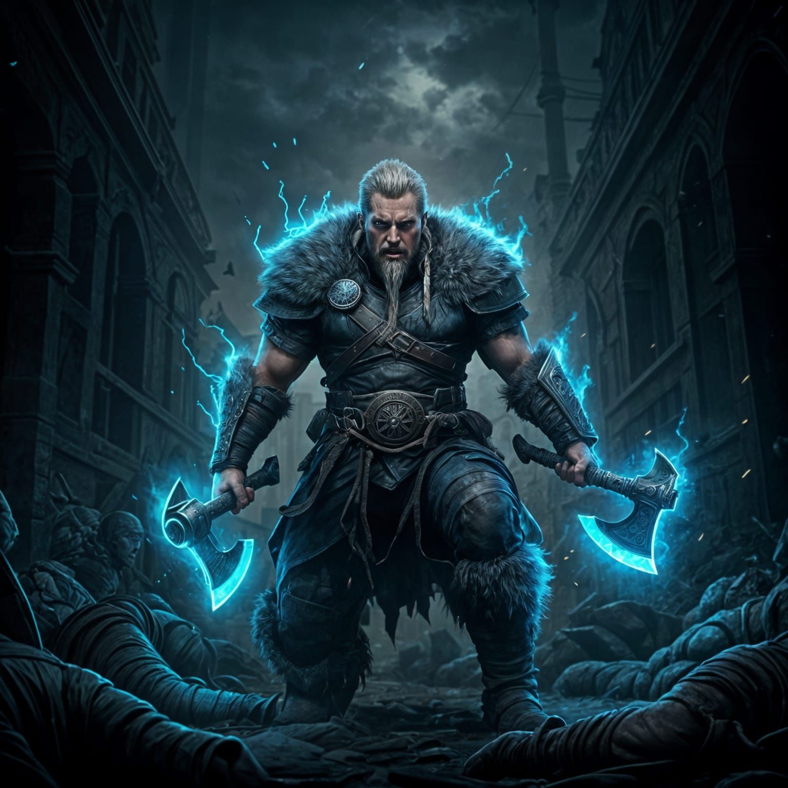 Viking Berserker Unleashes Blue Energy in Epic Battle
