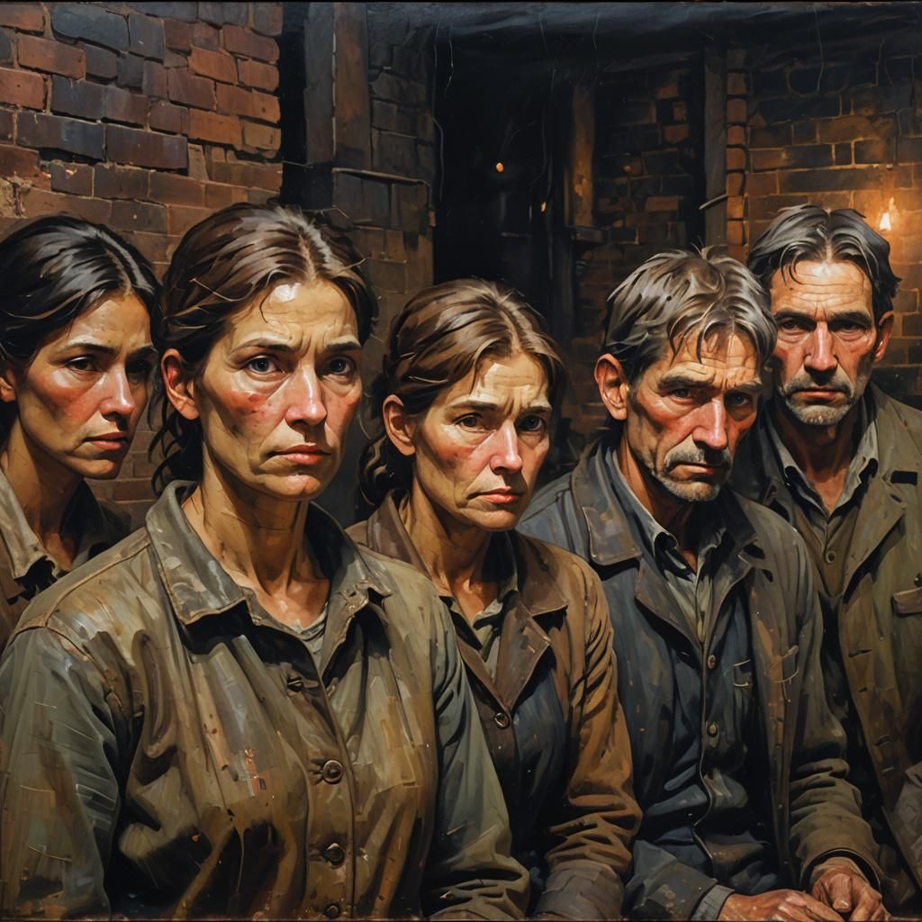 Impressionist Factory Workers Oil Painting with Chiaroscuro