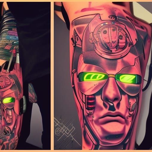 Cyborg Tattoo Artist in Synthwave Neon Style