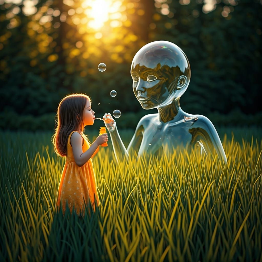 Bubble Girl in a Lush Field: Whimsical Art