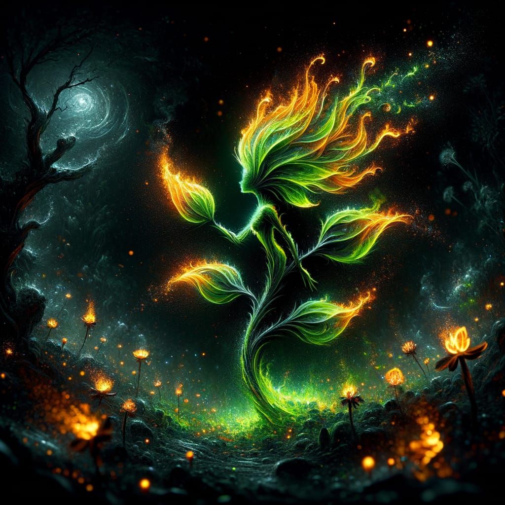 Enchanting Neon Flower and Fire Pixie Nightscape