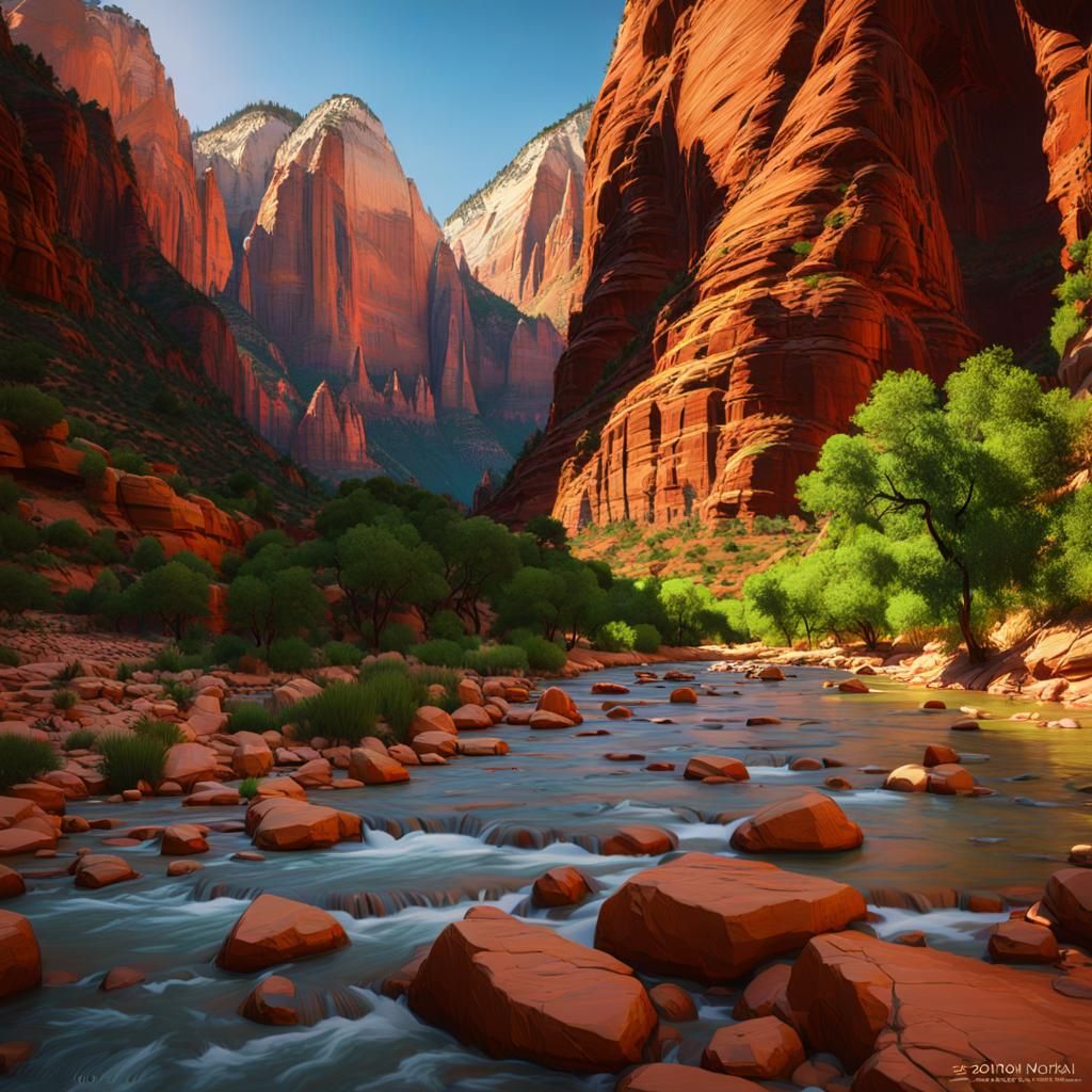 Zion National Park: Red Cliffs, River, Art Nouveau