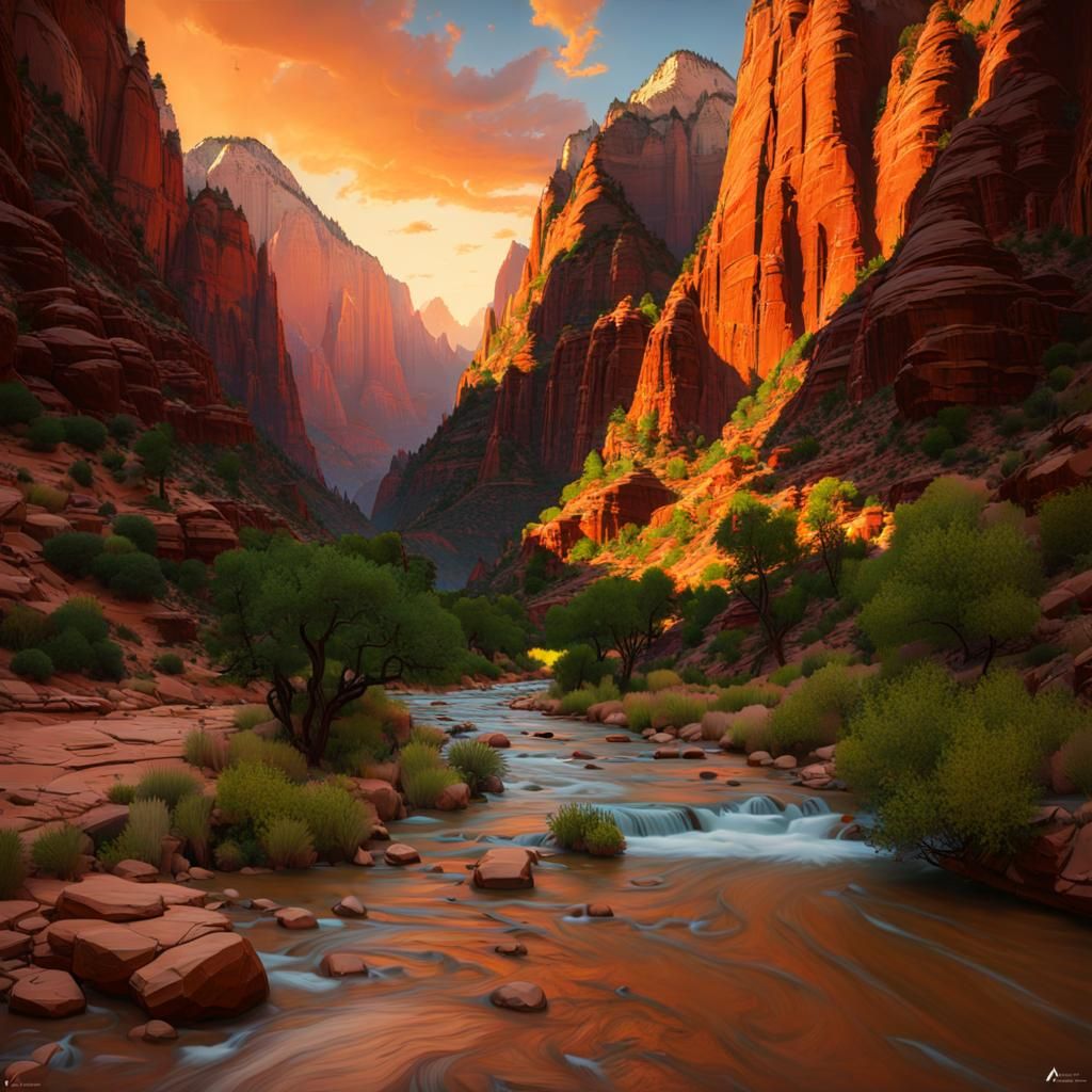 Zion National Park: Red Cliffs in Art Nouveau Style