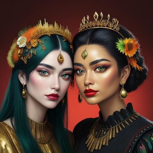 Golden Woman with Peacock Feathers, Impasto Portrait