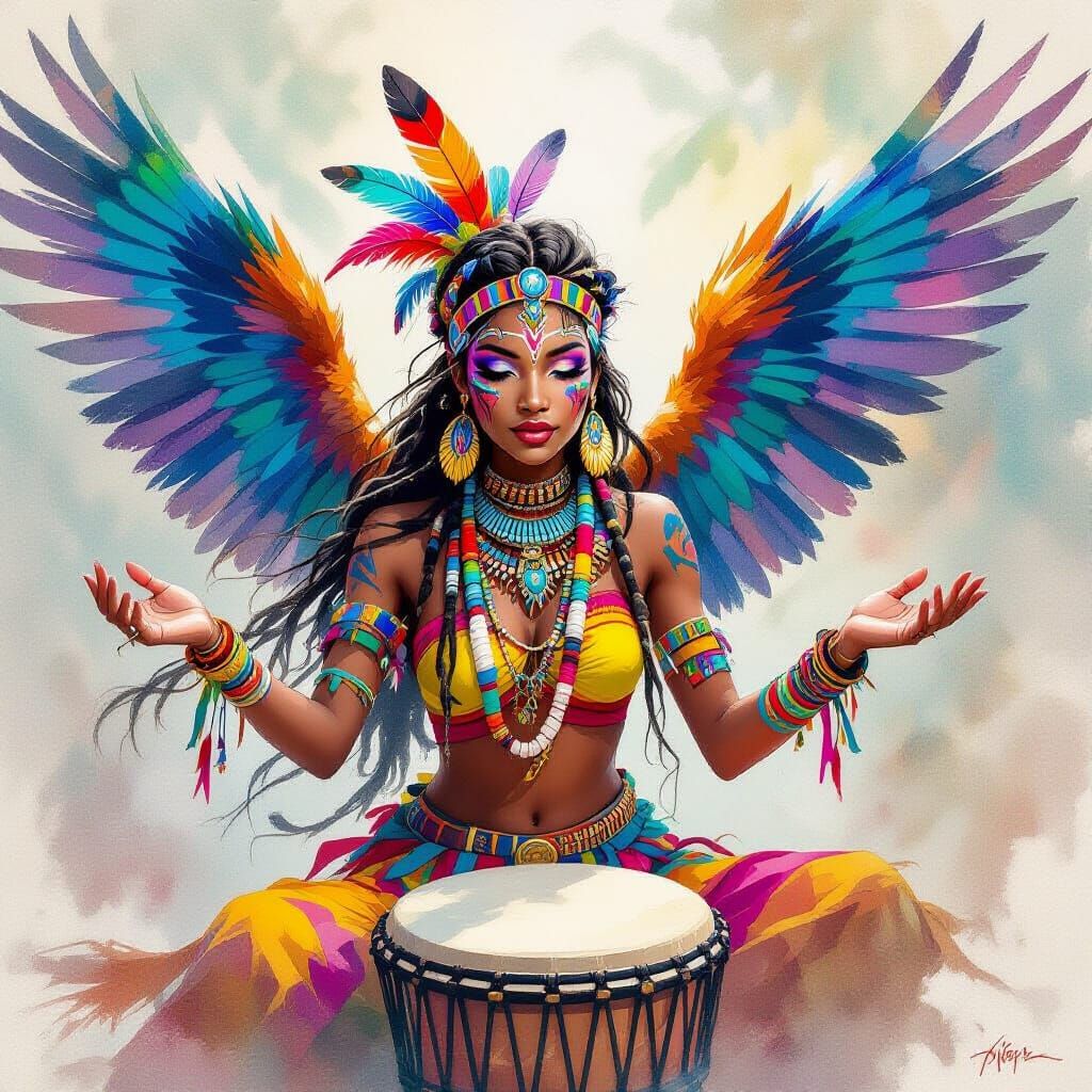 African Fairy with Eagle Wings in Watercolor Style