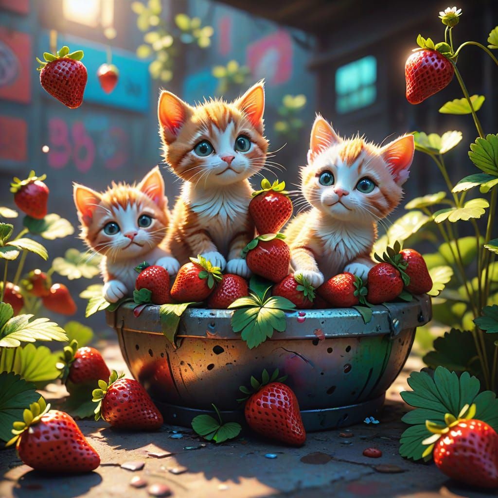 Whimsical Field of Strawberry Kittens in Vibrant Backyard