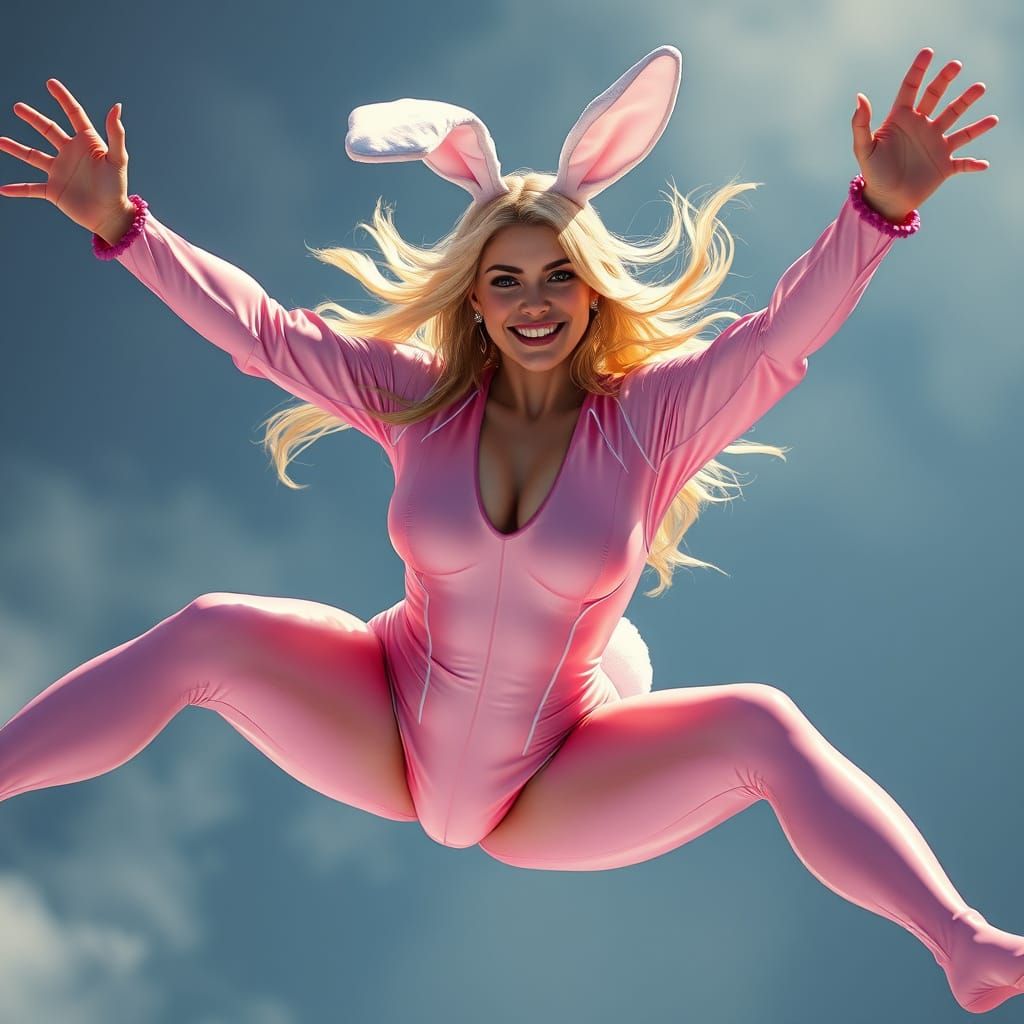 Surreal Fantasy Goddess in Latex Bunny Suit soars amidst Dee...