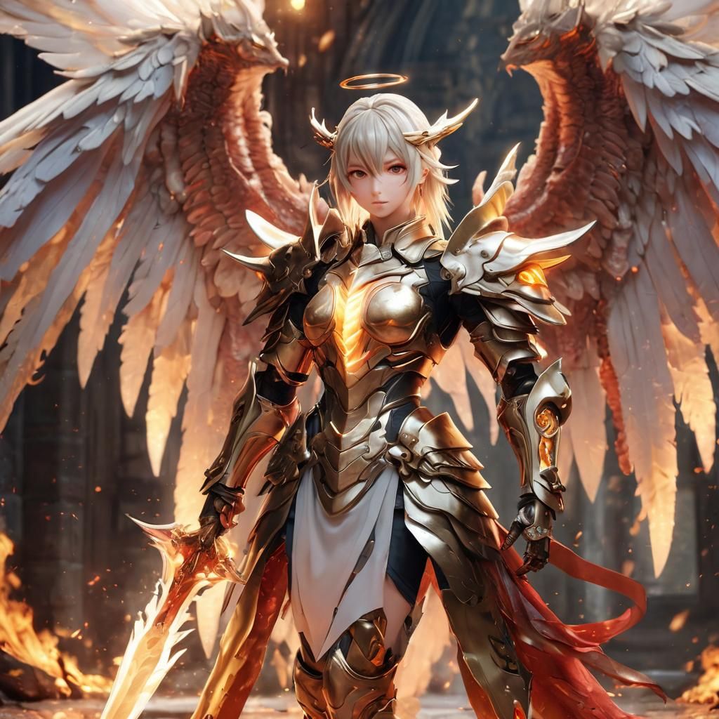 Dragon Armored Angel in Fiery Aura, 3D Anime Art