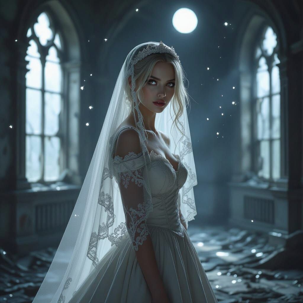 Spectral Bride Wanders Decaying Ballroom in Moonlight