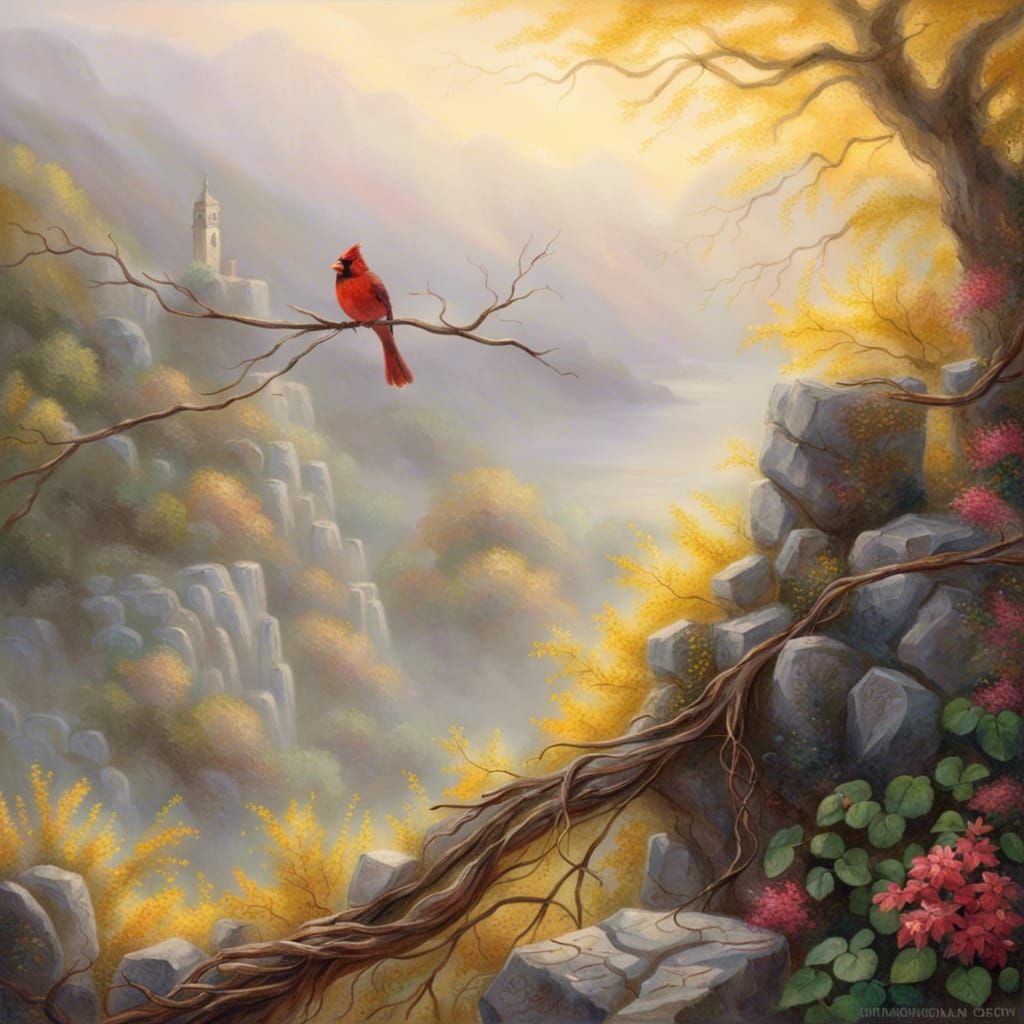 Cardinal Sighting at Honeysuckle Rock Fence