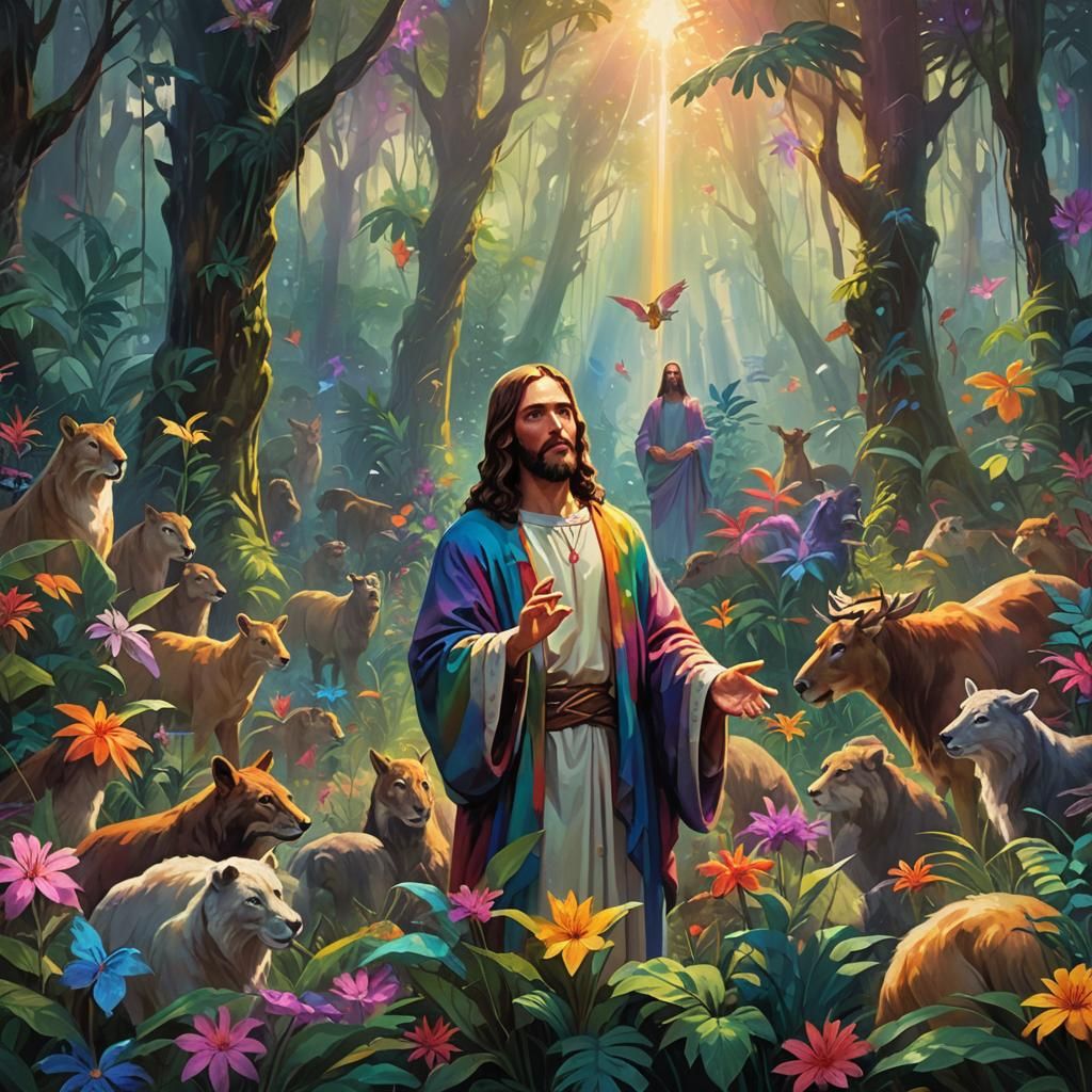 Jesus Teaching Animals in a Dreamlike Rainforest