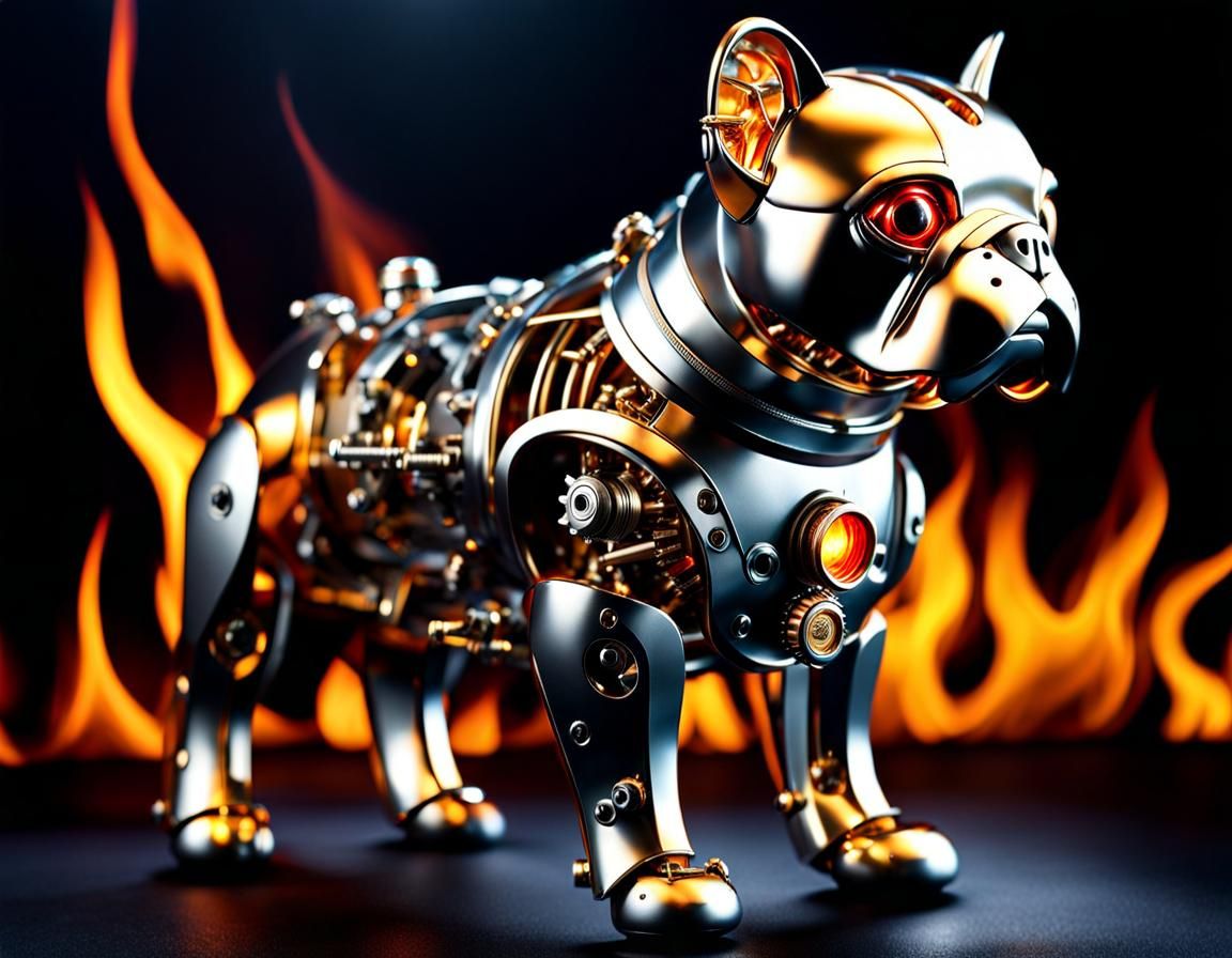 Flaming Robotic Bulldog Puppy with Steam Engine