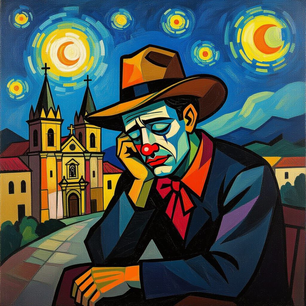 Sorrowful Clown Portrait Amidst Burning Cathedral