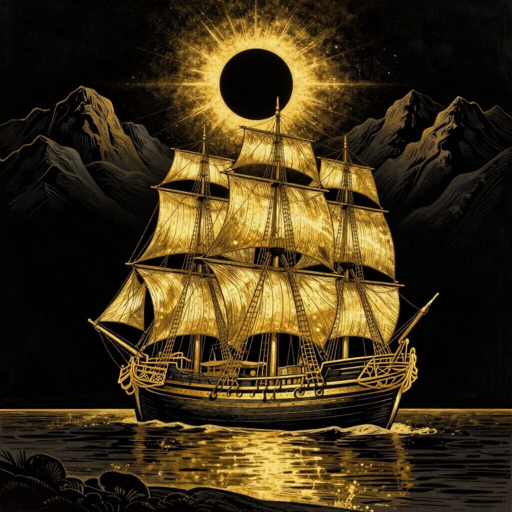 Golden Ship on Reflective Beach in Chiaroscuro Style