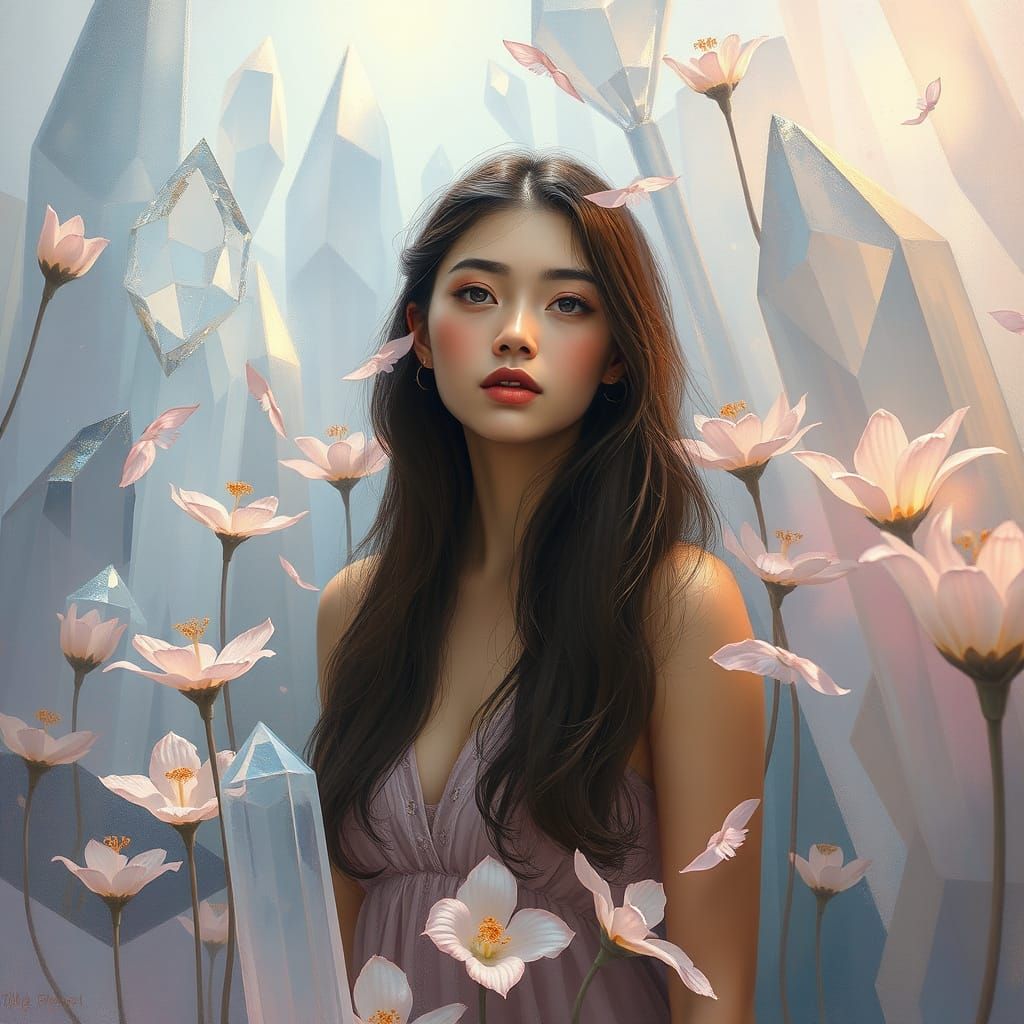 Woman in Crystal Garden of Transparent Blooms