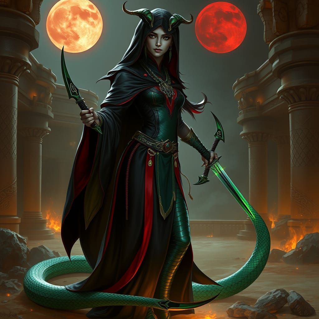 Fantasy Portrait of a Snake Assassin Priestess in a Desert T...