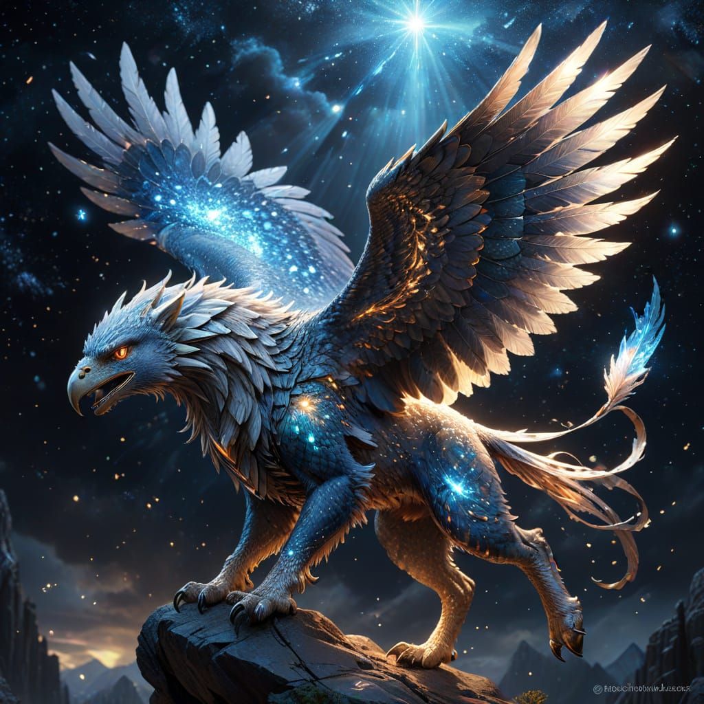 Diamond Griffin Soaring Through Starlit Sky in Anime Art