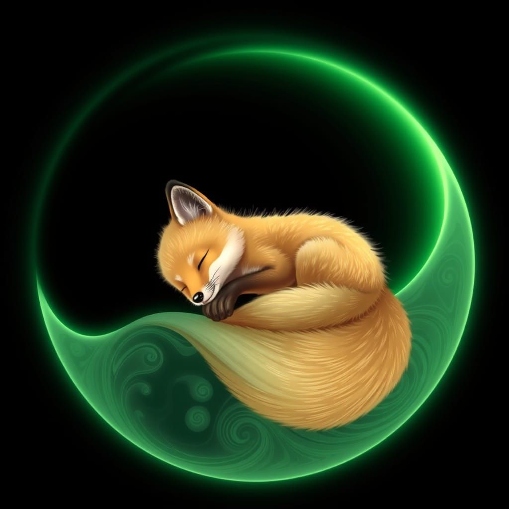 Gentle Fox Asleep on Radiant Green Moonlit Scene