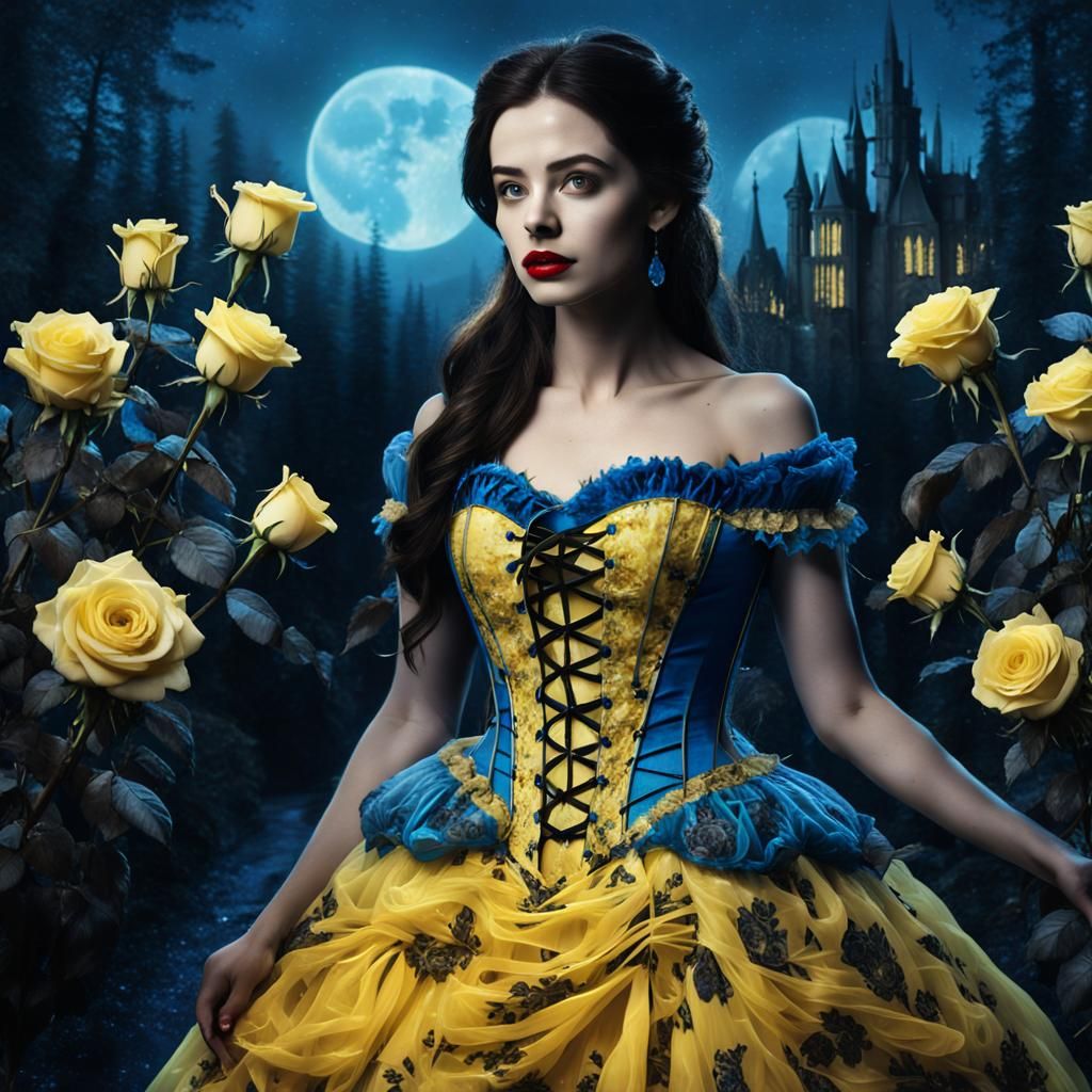 Gothic Fairytale Belle in Dark Forest, Detailed Painting