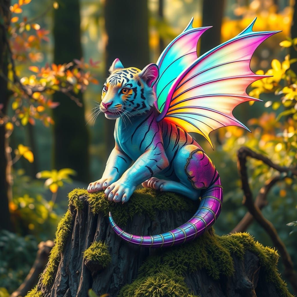 Mystical Fairy Dragon Tiger in Vibrant Forest, Shimmering Ra...