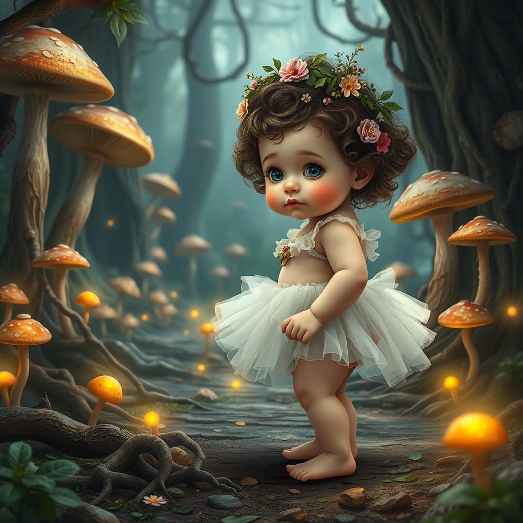 Whimsical Baby Girl in a Fantastical Forest Scene, Rendered ...